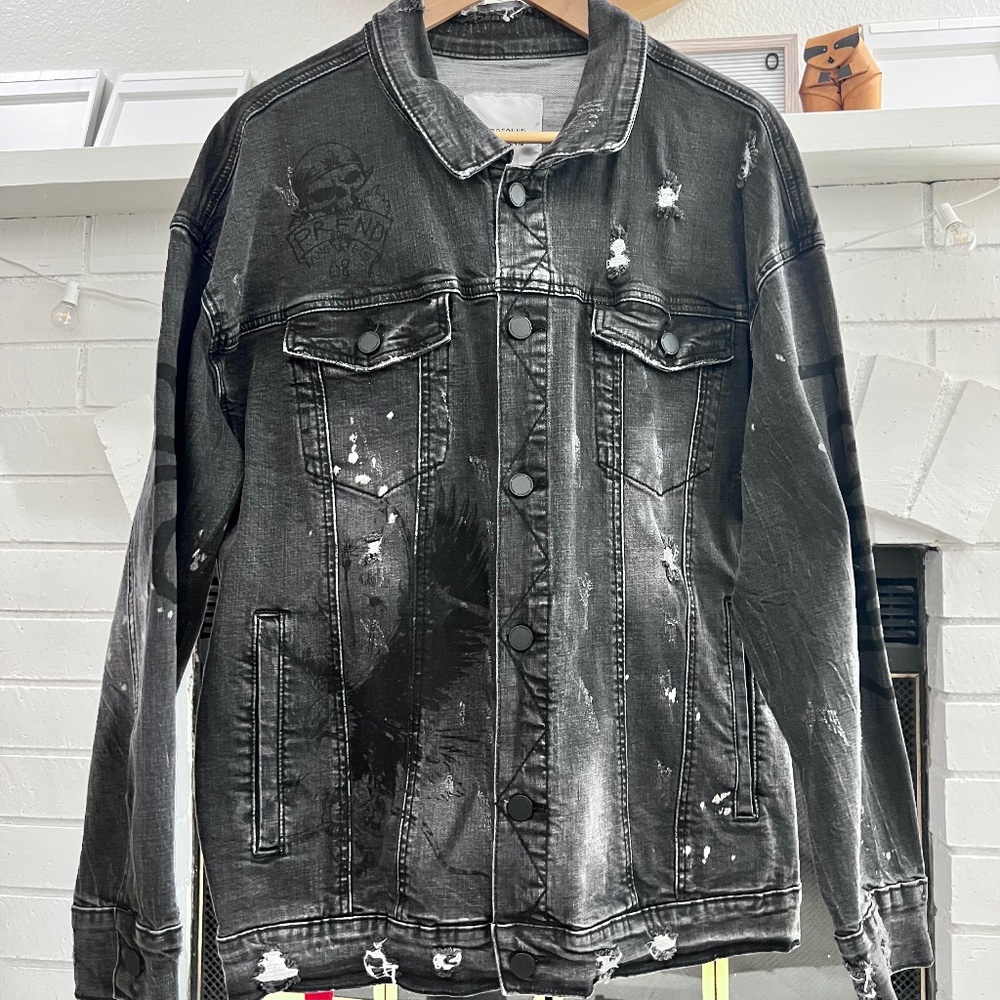 Profound Aesthetic Distressed Tattooed Style Button Up Denim Jacket - Ash